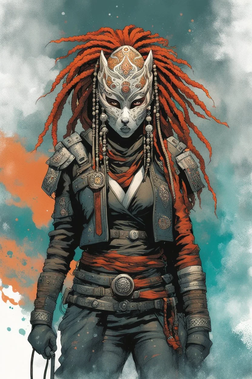 front facing full length portrait illustration of a grunge armored female , beaded dreadlock hair, cyberpunk vampire mercenary wearing an ornate kitsune noh mask , and shemagh, highly detailed with gritty post apocalyptic textures, caught in a cosmic maelstrom of swirling gases , finely detailed facial features and hair, in the graphic novel style of Bill Sienkiewicz, and Jean Giraud Moebius, ink wash and watercolor with realistic light and shadow