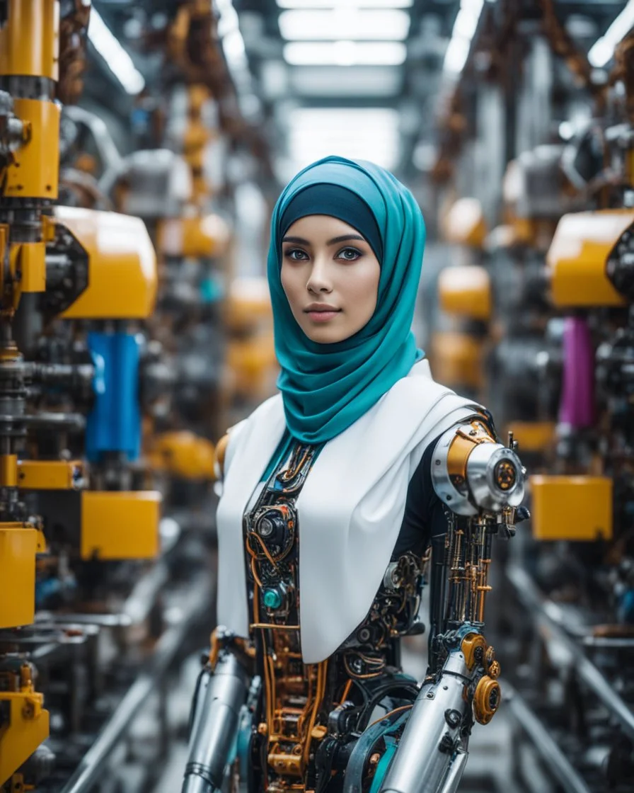 potrait cinematography colors a beautiful woman humanoid robot mechanical hijab walking in between two rows of complex machinery with vibrant colors