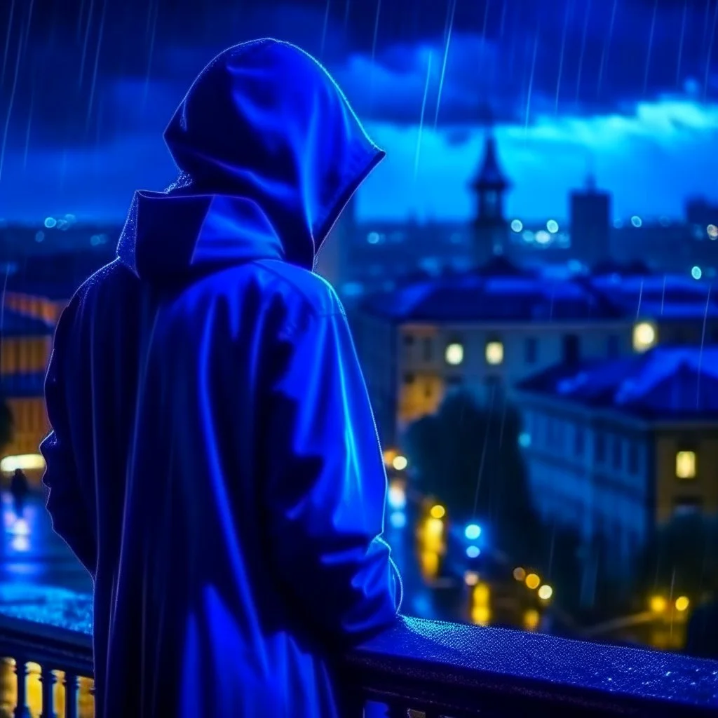 girl in a raincoat, watching the empty city, at midnight, dark blue colours, rainy, atmospheric, photo quality