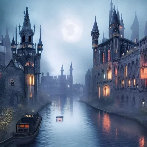 A magical gothic canal city of wizards, witches and warlocks with a castle Nick Harris style