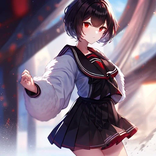 Clear focus, High resolution, fluffy black short hair, dark red eyes, wearing a black and red sailor uniform and pleated black skirt, fluffy hair, detailed outfit, wearing red eyelashes