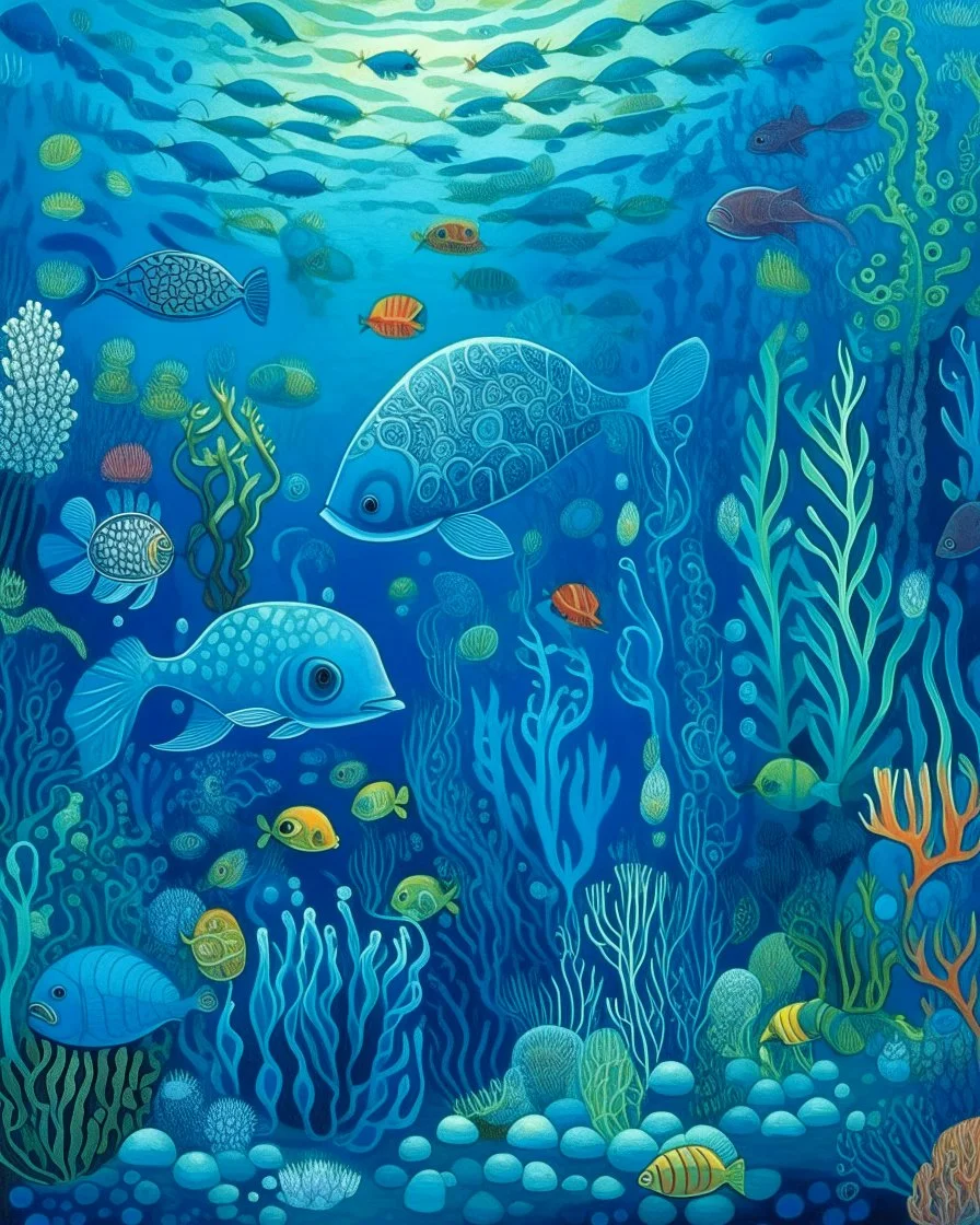 A blue underwater reef with fish and jellyfish designed in African masks painted by Georges Seurat
