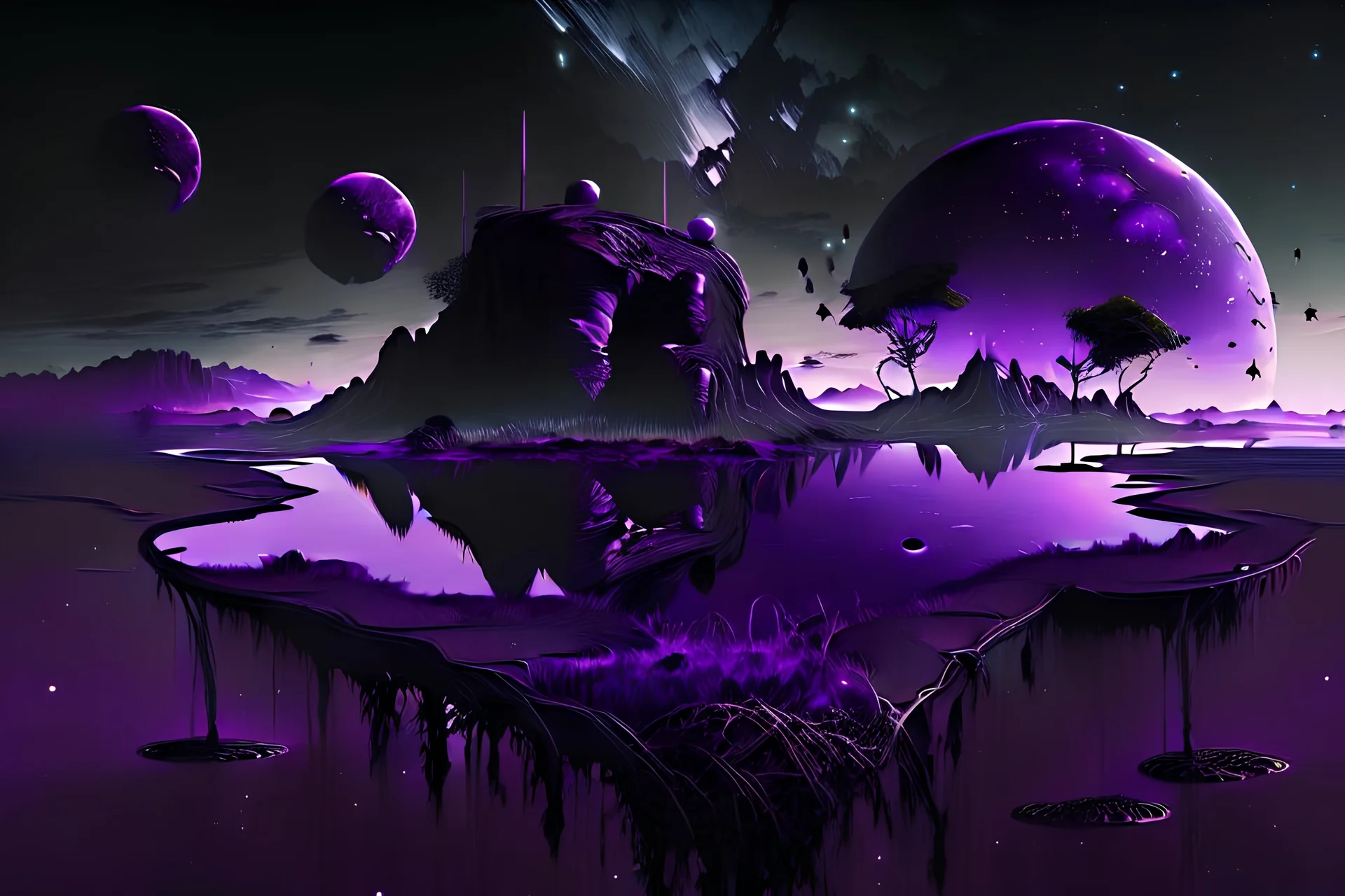 Floating Islands, Dark Purple and Black Night Sky, Stars, Space, Distant Alien Planets, Numerious Islands, Dead Grass,