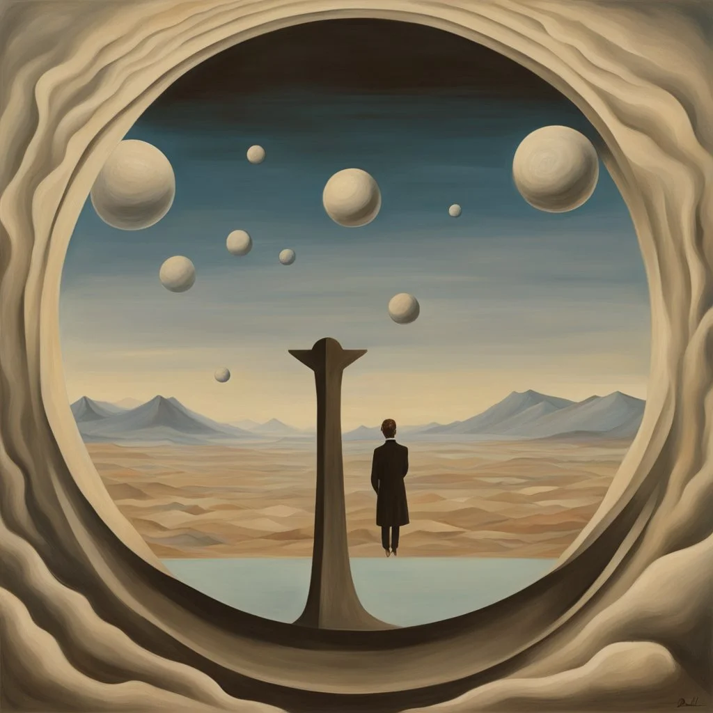 person alone in planet,cover art, surrealist painting called 'today I am thinking about time by dali and picasso and magritte and Breughel