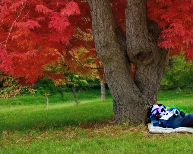 old man sleeping by maple tree