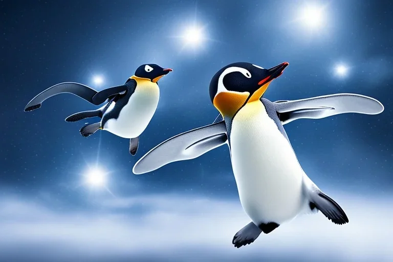 penguin flying in the sky with his two wings