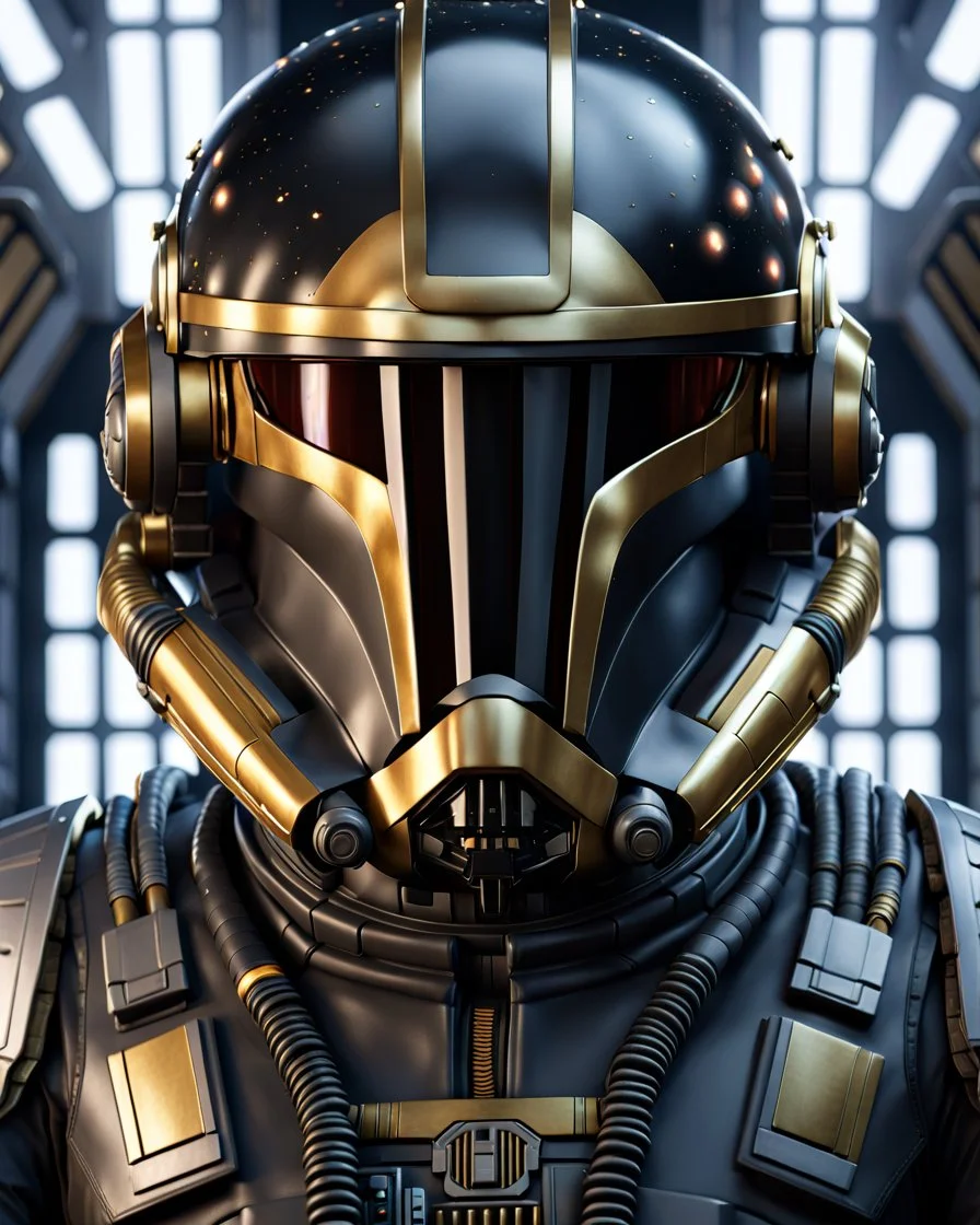 star wars bald male corellian pilot wearing dark gunmetal grey and black First Order special forces TIE pilot armored flightsuit and helmet with gold trim inside the jedi temple, centered head and shoulders portrait, hyperdetailed, dynamic lighting, hyperdetailed background, 8k resolution, volumetric lighting, light skin, fully symmetric details