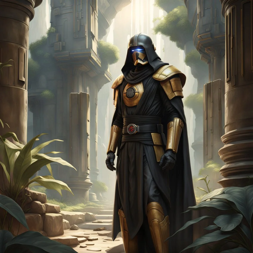 star wars bald male corellian pilot wearing pearlescent black and gunmetal grey First Order special forces heavy assault armor and helmet with gold trim inside the jedi temple, centered portrait, hyperdetailed, dynamic lighting, hyperdetailed background, 8k resolution, volumetric lighting, light skin, fully symmetric details