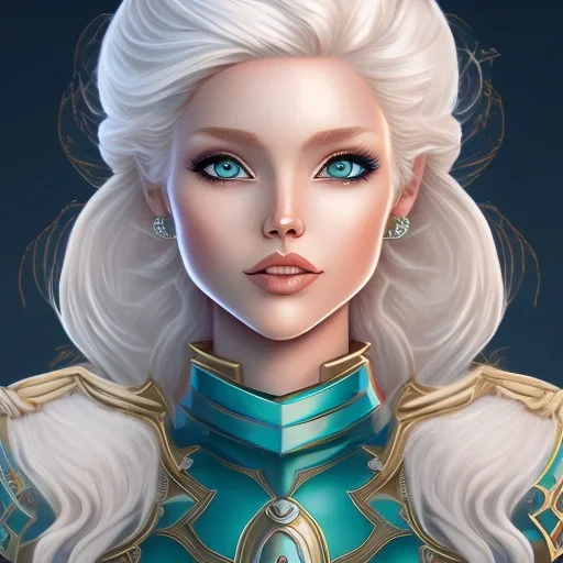 D&D cleric, female, platinum blonde hair, gold eyes, smiling, teal armor