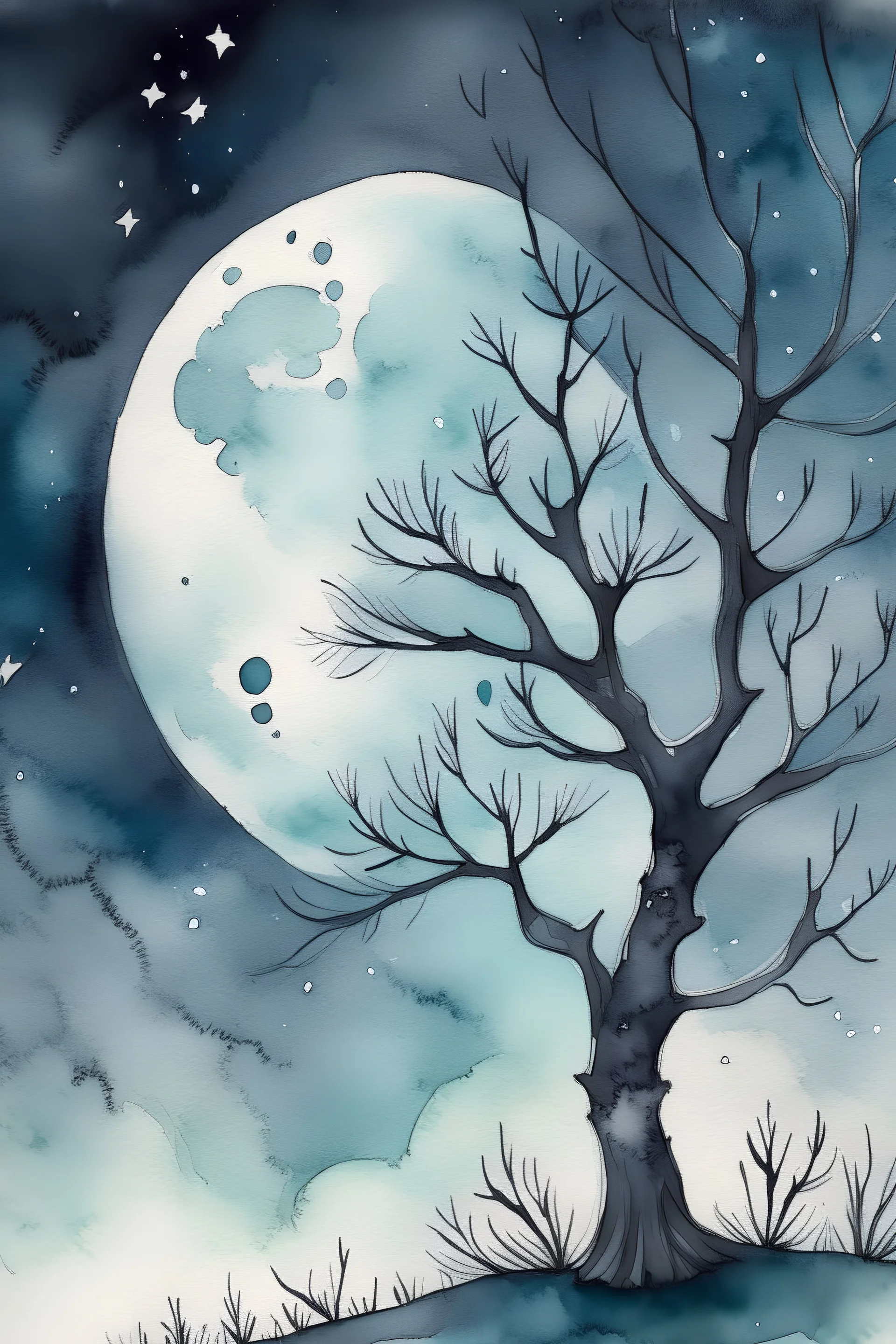 Let the moon light guide you , watercolour, muted colours, stars, tree reaching for the moon