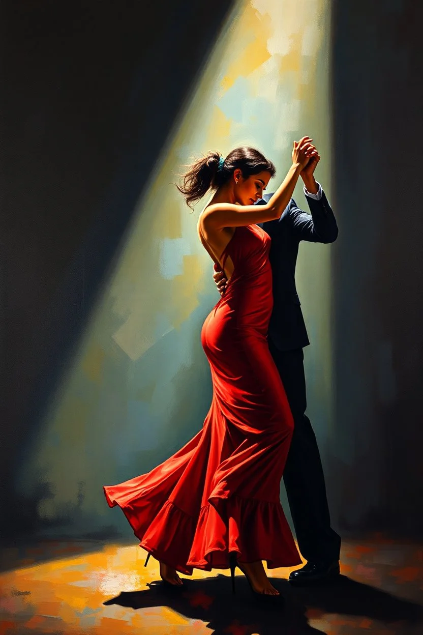 a full body Latino woman dancing salsa in red dress, dark shadow in background, acrylic and oils, glossy finish high contrast, detailed, vibrant colors, cinematic, masterpeace