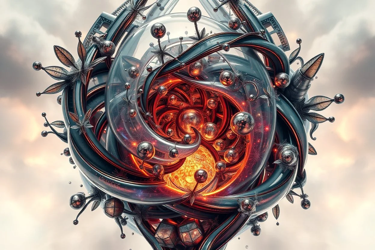 Dynamic complex hypnotic fractal 3D structures Symmetry twisting and morphing between plants and metall geometric forms , smooth translucent iridescent glass with inner glow and bubbles, varied transparent materials, stormy skies, intense dramatic