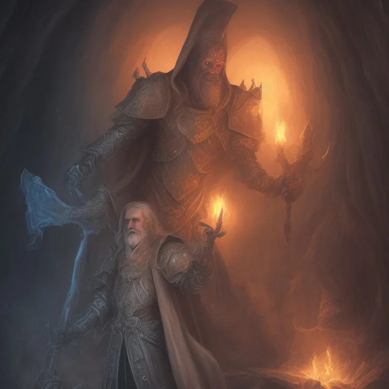 Evil Old human Necromancer in dark robes in a dark cave covered in darkness