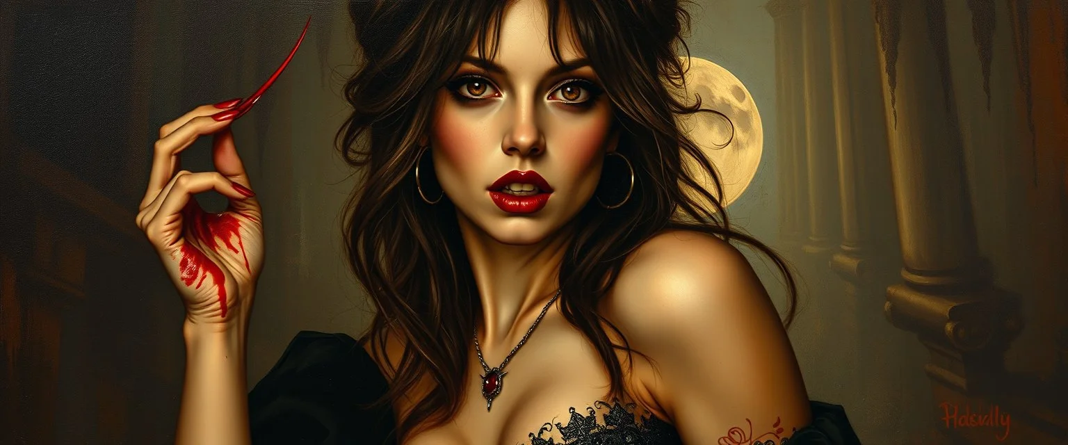 master oil painting by Rembrandt, good afternoon bitch scary hot seductive female vampire stylistic poster