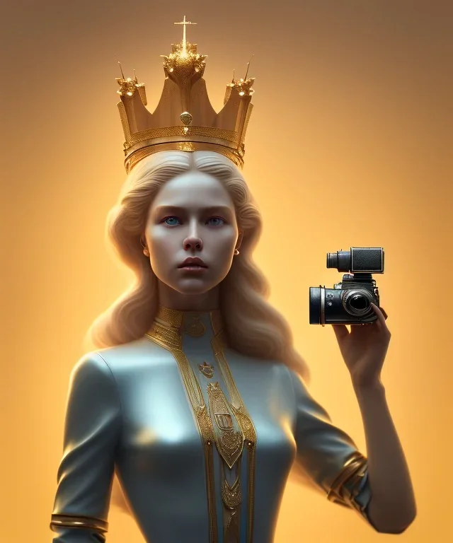 Statue of Queen of photography holding camera in hands. Cute blonde woman. Photographer in golden crown. Standing on the street. Big camera in her hand. hyperdetailed, photorealistic, trending on artstation, greg rutkowski, beksinski, kodachrome, volumetric lighting, gold and cyan