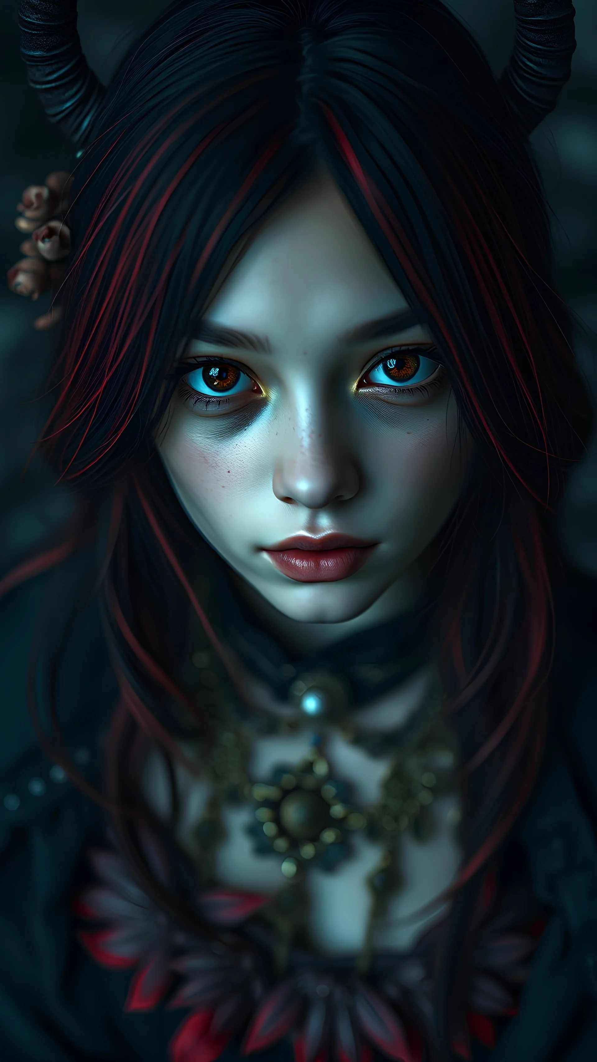 Wide angle lens, full body shot, dark fantasy, girl, contrasting colors, face full of details, many details, sharp focus, UHD photography, cinematic, 4k, unreal engine