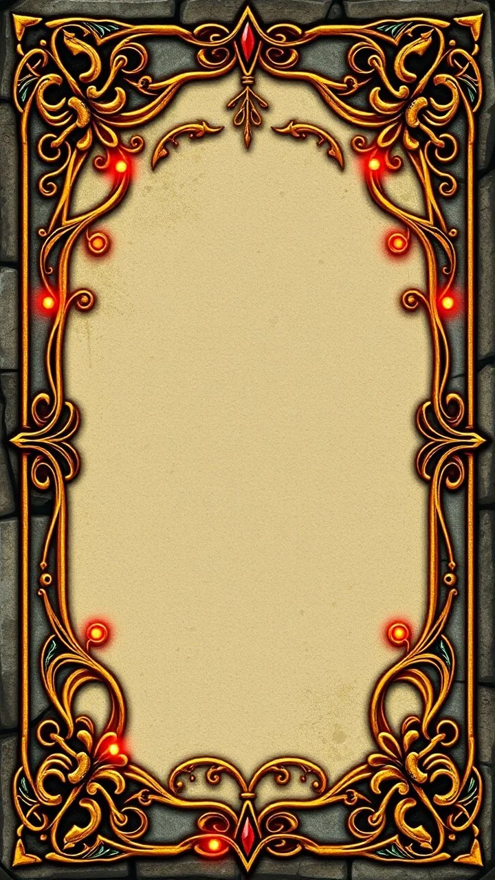 "Whimsical, fantasy-themed card border, intricate stone and gold filigree with tiny rat paw prints hidden in the design, playful medieval style, glowing runes, ornate yet readable, decorative corners, vibrant fantasy color palette."