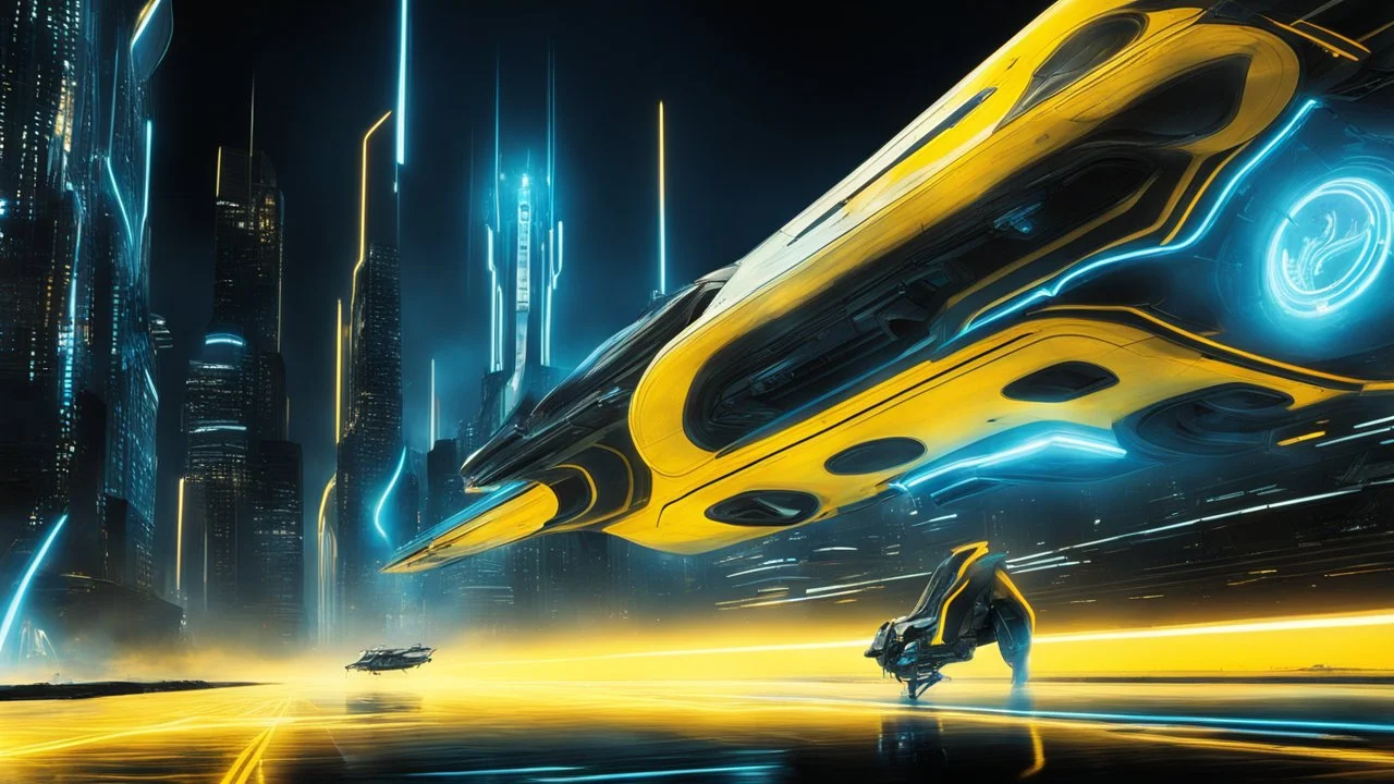 tron legacy movie, creatures,, space ships, city of the future, yellow, blue, red