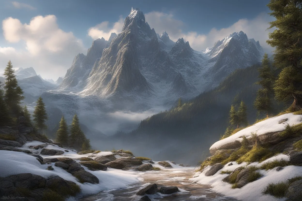 A massiv mountain. The button is covered in forrest, the middel in rocks and the top In snow. fantasy concept art, exquisite realism, a masterpiece, dynamic lighting, hyper detailed, intricately detailed, deep color, Unreal Engine, volumetric lighting , Epic cinematic brilliant stunning intricate meticulously detailed dramatic atmospheric maximal,