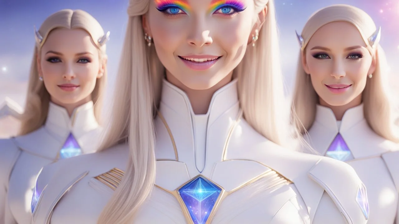cosmic woman ,beautiful ufos rainbow, admiral from the future, galactic confédération, fine whole face, crystalline skin, expressive purple eyes,rainbow, smiling lips, very nice smile, costume pleiadian, Beautiful tall woman pleiadian Galactic commander, ship, perfect datailed golden galactic suit, high rank, long blond hair, hand whit five perfect detailed finger, amazing big puple eyes, mouth, high définition lips, cosmic happiness, bright colors