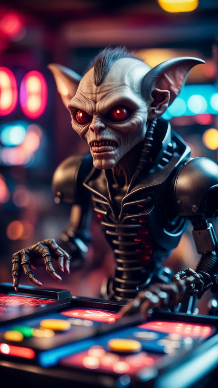 portrait of a vampire werewolf robot goblin gremlin with mustage playing an arcade game, in the style of Giger,bokeh like f/0.8, tilt-shift lens 8k, high detail, smooth render, down-light, unreal engine, prize winning