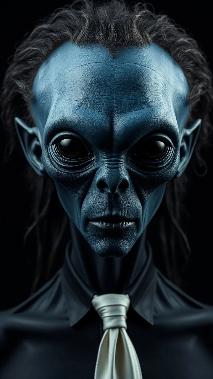 A man in black with a long curly hair . a body shot of a super blue skin alien, full head, old, looking at the camera, super big head, super big black eyes, small mouth, no ears, total black skin. photo real, hyperrealistic, high dynamic range, rich colors, lifelike texturesv, 8K UHD, high color depth. neutral dark background.warring a white tie