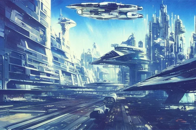 Spaceship starting from a Spaceport on a heavy industrialized planet, art by John Berkey, buildings with glass facades, insanely detailed, vibrant, 8k uhd, ultra-wide angle, street level view, brush strokes, blue sky with clouds