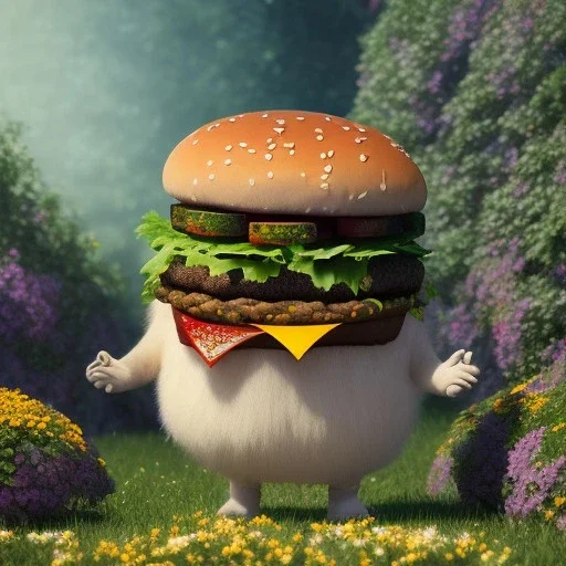 pixar style, volumetric summer garden environment and background, realistic painting of steak burger, looking excited, volumetric lighting, dramatic lighting, detailed digital painting, extreme dense and fine fur, anime, ornate, colour-washed colors, elegant, small minutiae, tiny features, particulars, centered, smooth, sharp focus, renderman gofur render, 8k, uhd, detailed eyes, realistic shaded volumetric lighting, sunlight caustics, backlight, centered camera view