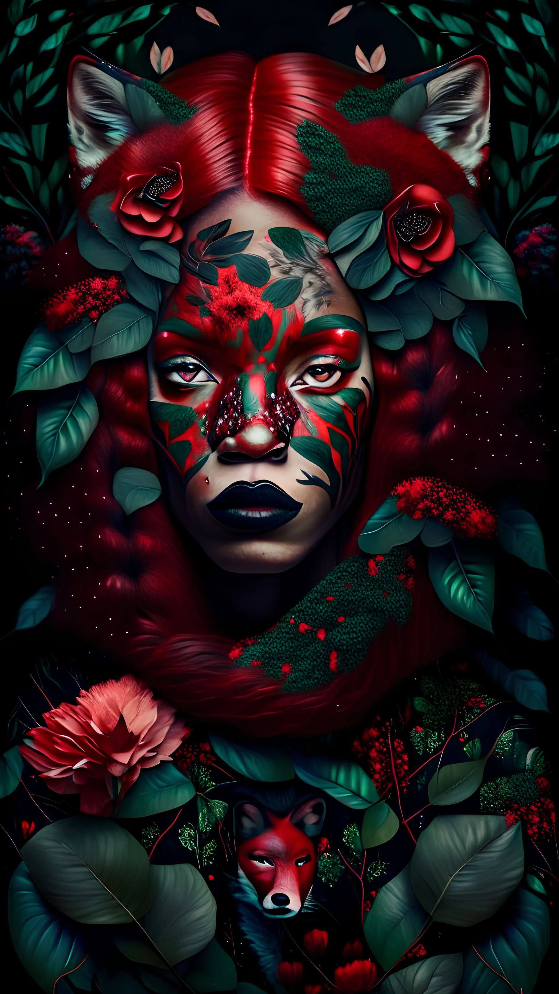 beautiful black woman with fox pattern painted on face, with red hair and flowers growing from it, dark forest green pattern