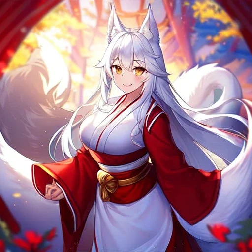 Clear focus, 8k, beautiful lighting, vibrant colors, fox girl, white hair, long hair, golden eyes, miko, tail, smile,