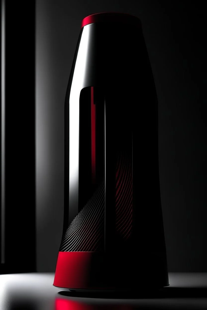 speaker, form inspired by Burj Khalifa, architecture form, modern design style and black and red color