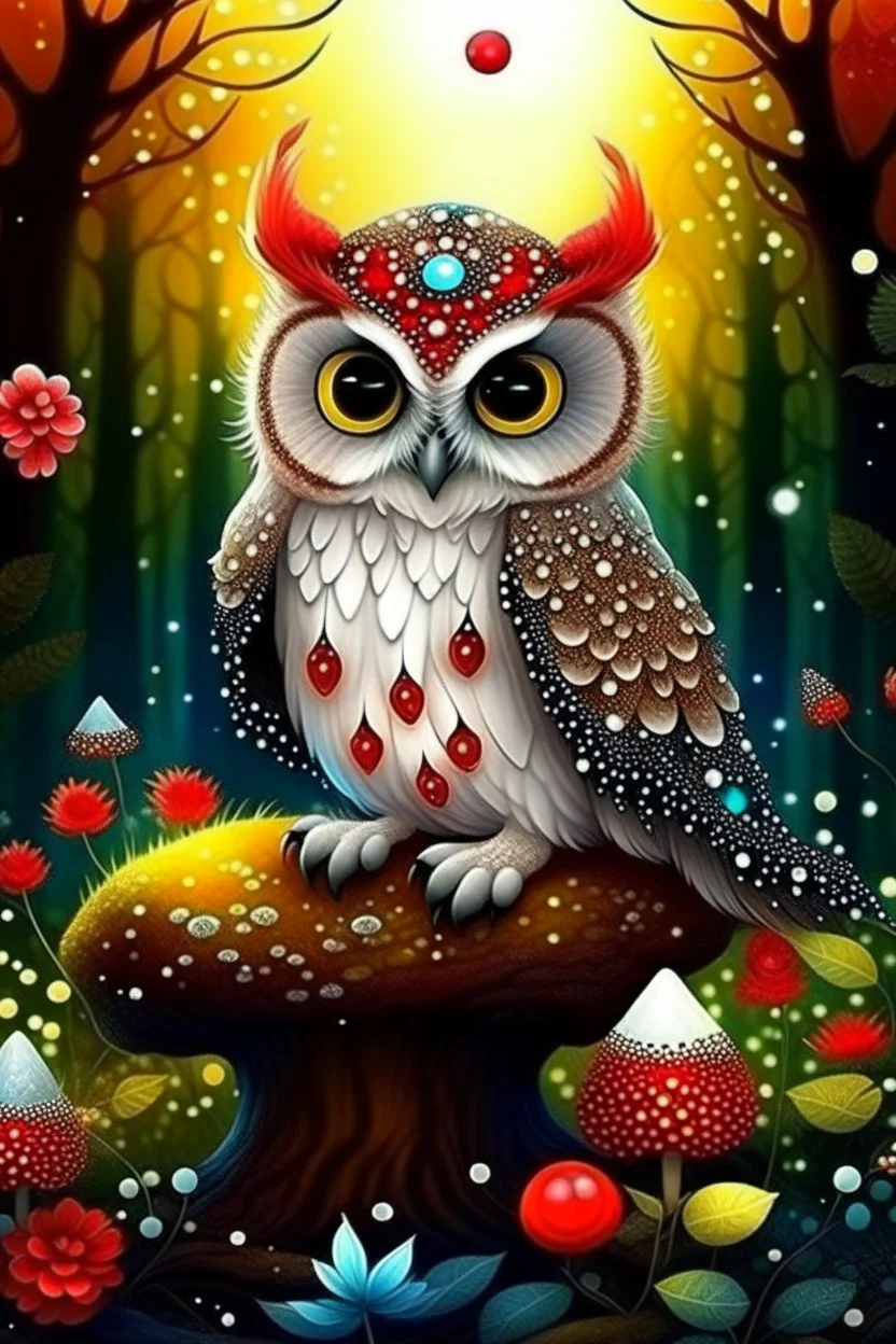 a beautiful funny owl, glittering jewels, sitting on a mushroom with red and white dots, in the forest