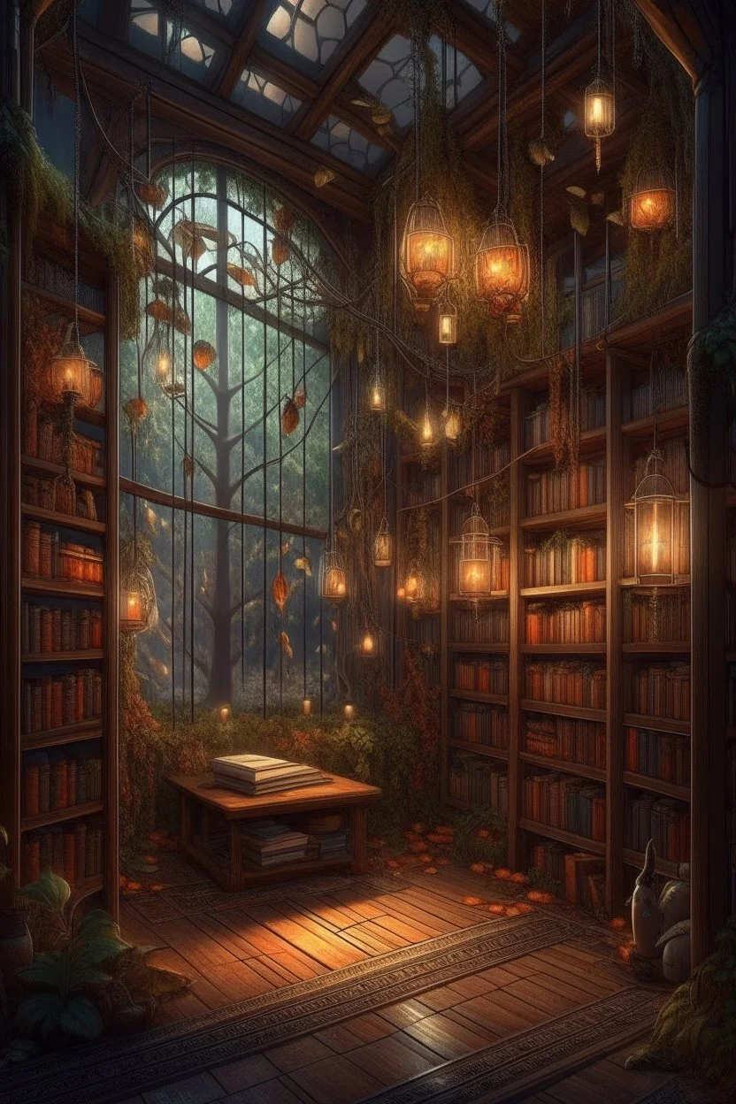 Forest library, autumn, many books,nature,natural lines, lamp garlands, twilight,dark,botanical maximalism boho style, hyperrealism, hyperdetalization, high quality, 32k, dark botanical, bionics, bionic elements,grunge, magic, fantasy, many complex details, filigree, clarity, sharpness, 8d painting, concept art, 35 mm, contrast