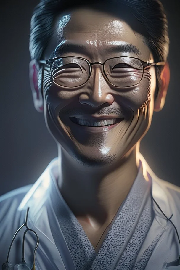 asian surgeon portrait smiling, scalpel pose, dark lighting, hyper-realistic, Meticulously intricate perfectly symmetrical extremely detailed, portrait, pixiv daily ranking, pixiv, extreme depth of field, artstation, spectacular details, volumetric lighting, masterpiece, cinematic, Hollywood production, 8k resolution, high definition, max octane render, vivid colors, max resolution, unreal engine , max perfectionism, realistic composition, professional photography, max focus, masterful technique