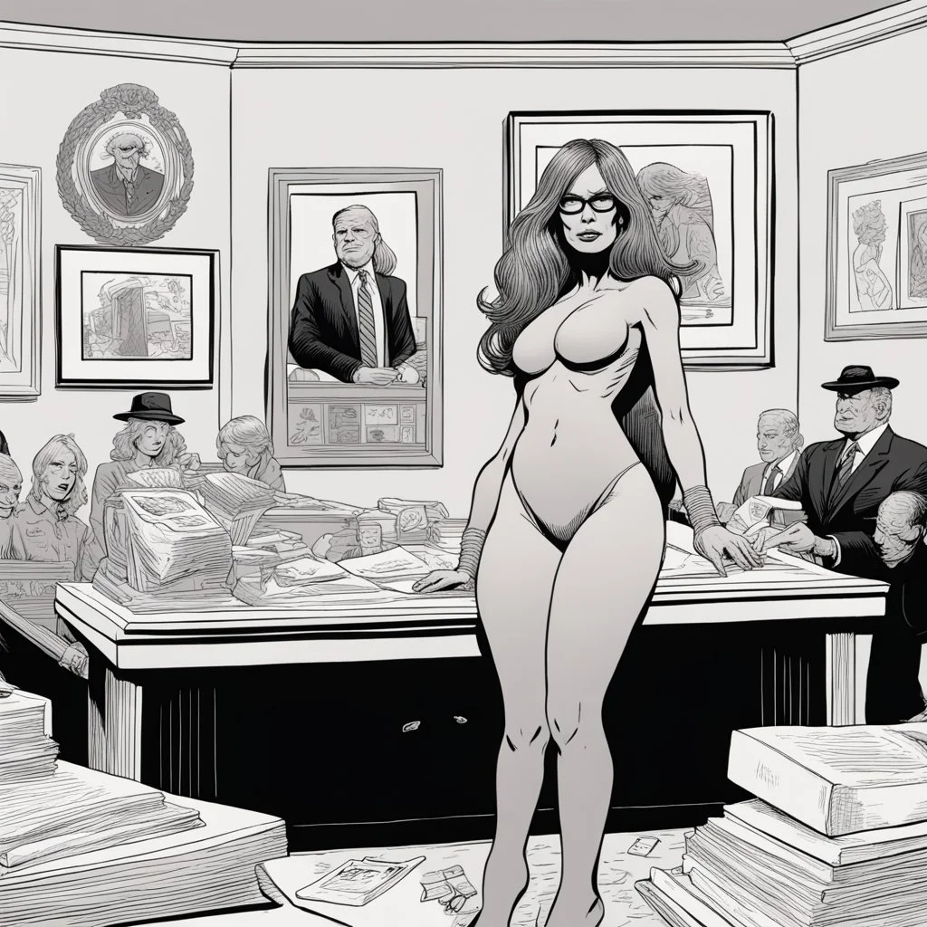 [mexican comics Head Lopper style by Andrew MacLean] melania in agent provocateur on the changing table of the Oval Office