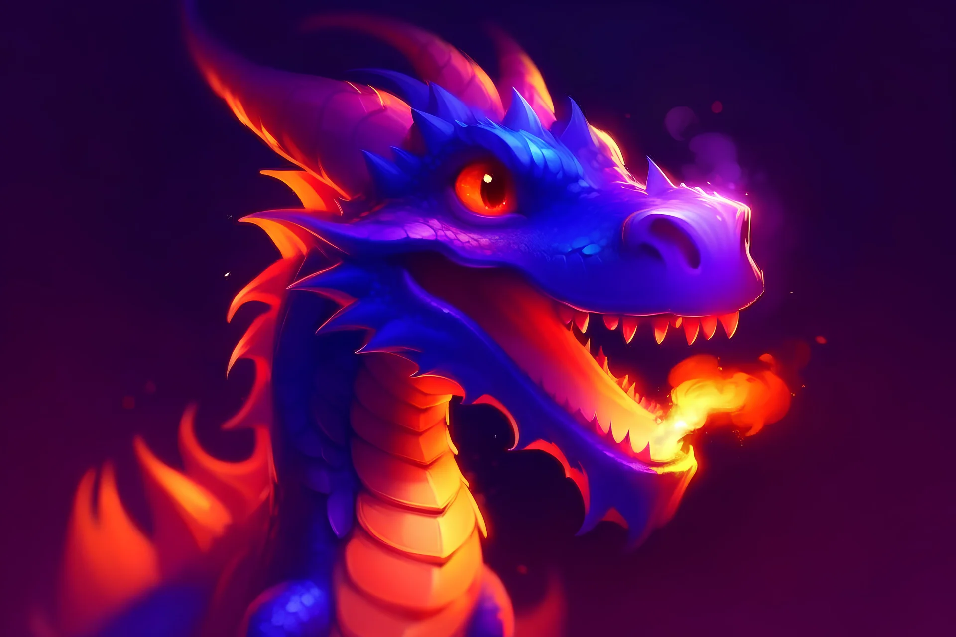 generate a picture of a cute dragon that is purple and fire is coming out of her mouth.