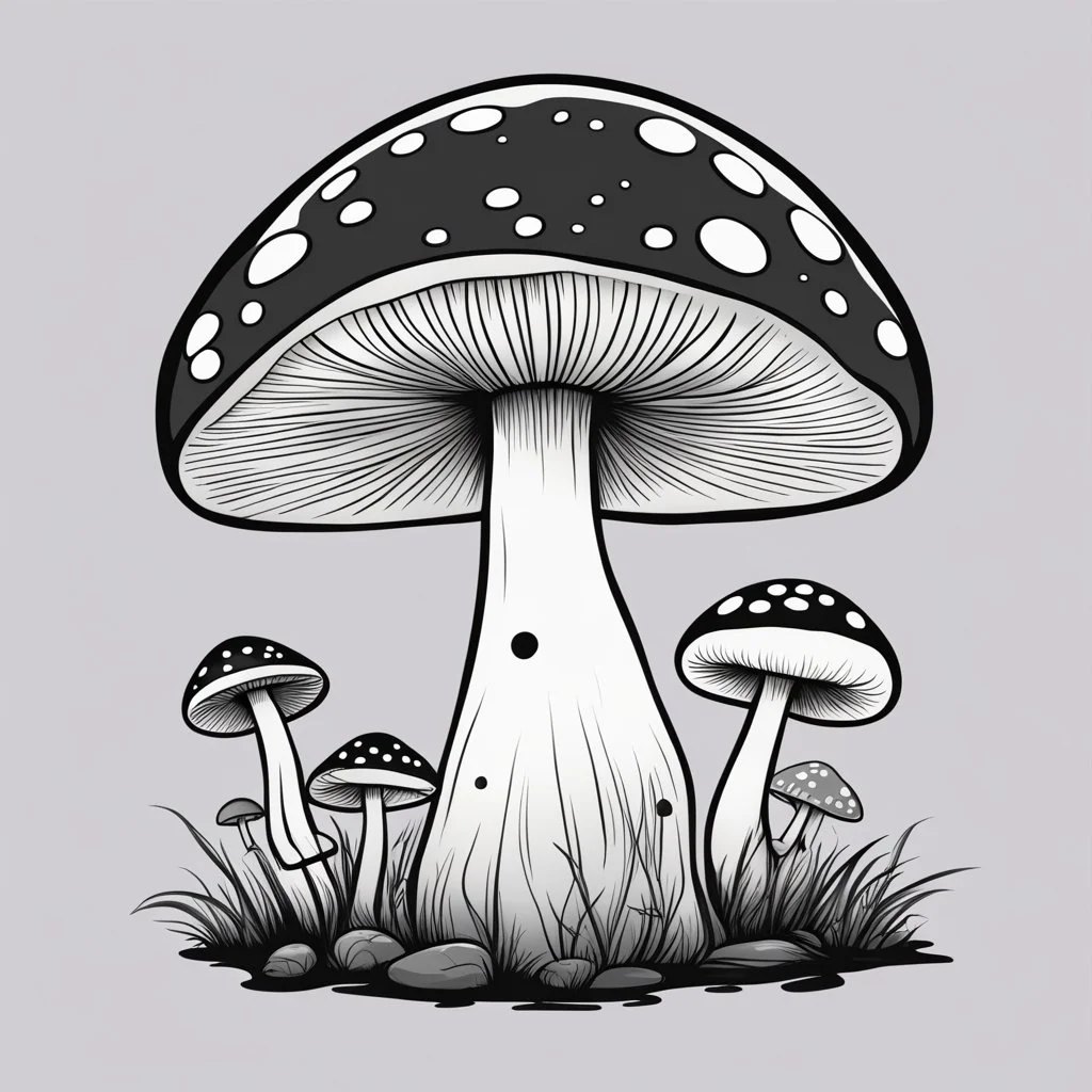 mushroom, black and white, cartoon, drawing, cute, outline