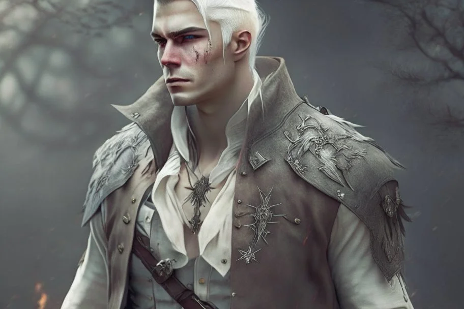 A Fantasy Human, a white masculine human with white hair. Battle Scars. Full body. Brown Military clothes. HD