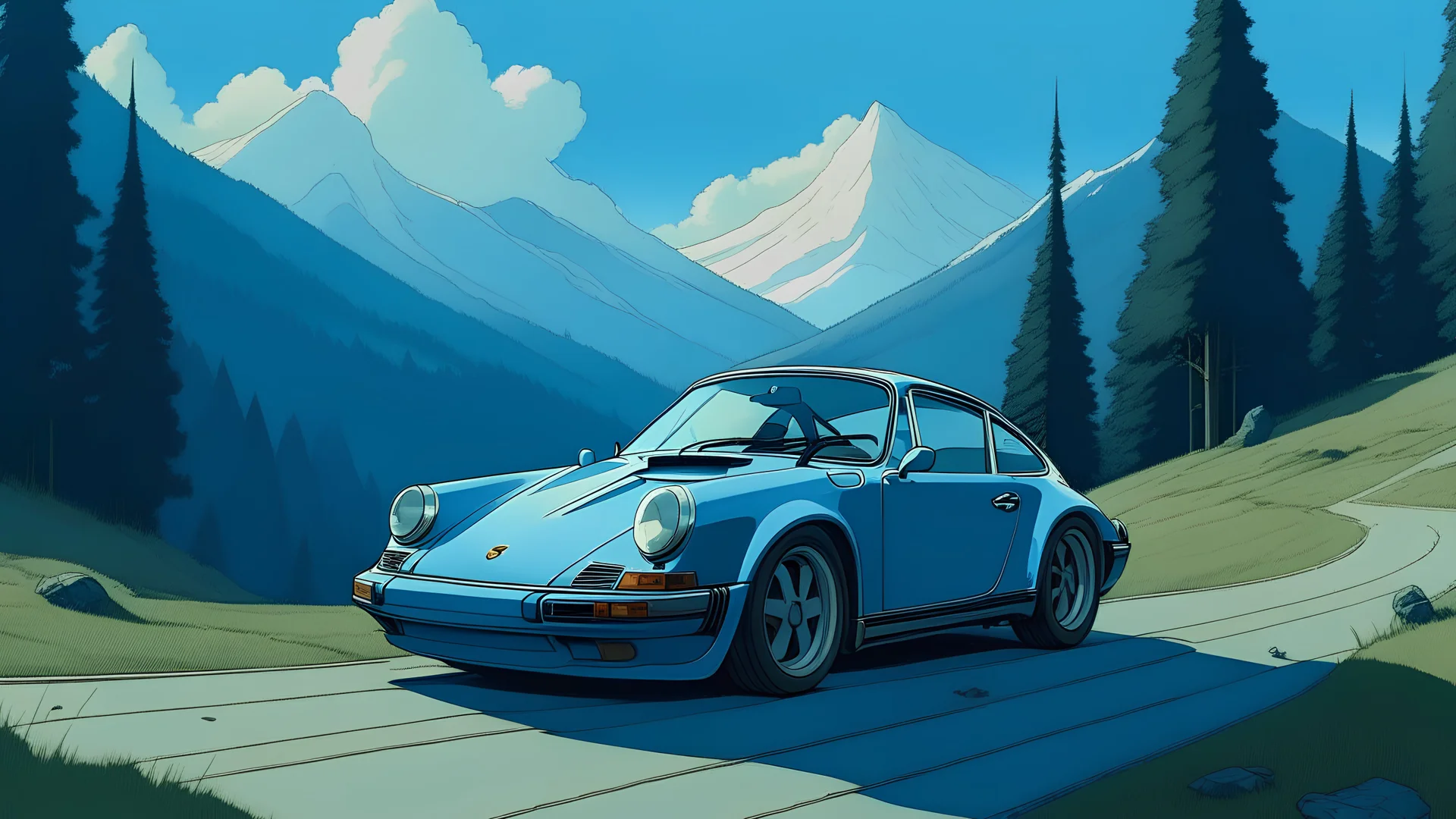 a porche 911, faded blue paint, driving on a mountain road, Ghibli style anime