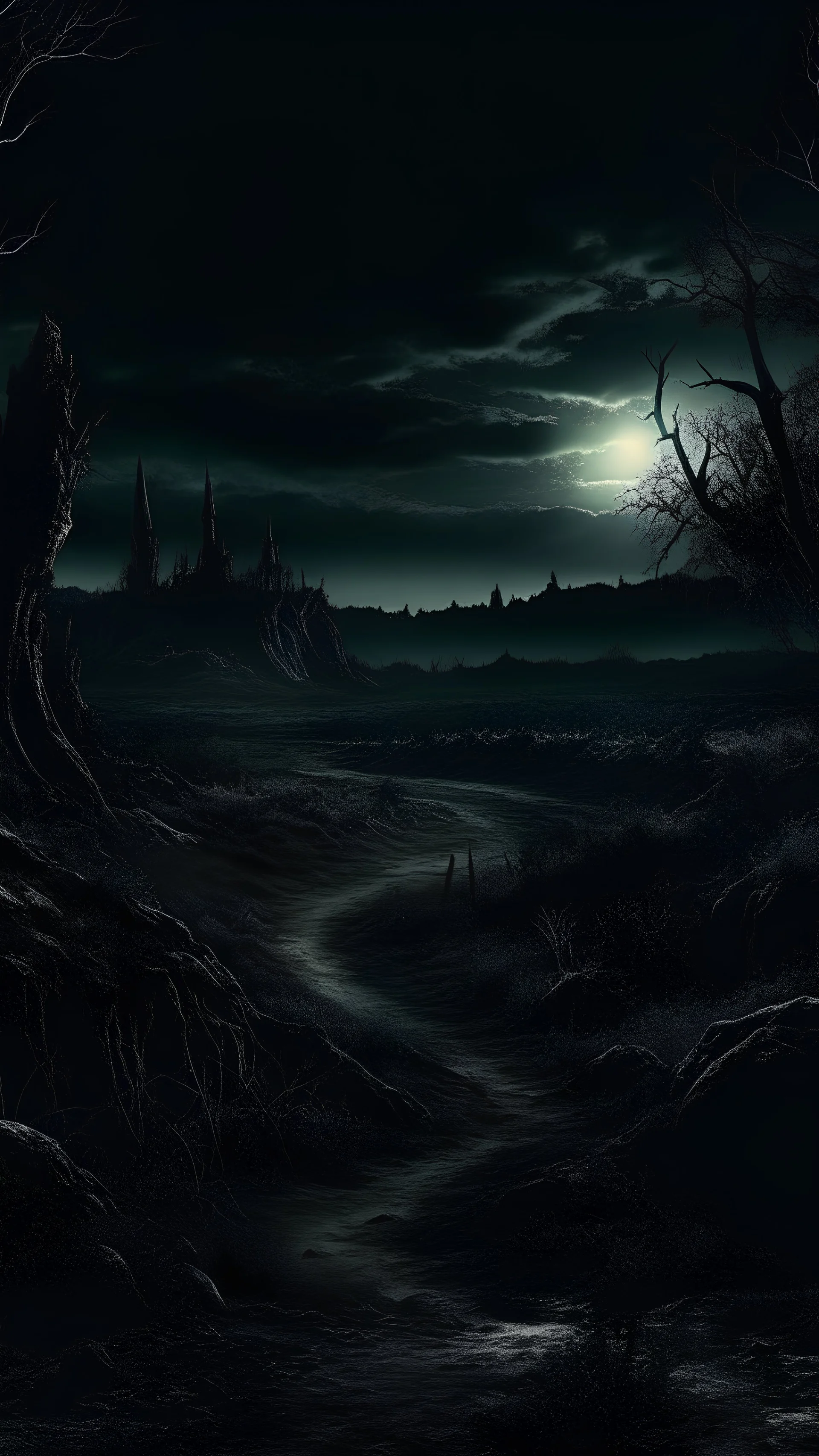 grotesque, macabre and dark landscape at night