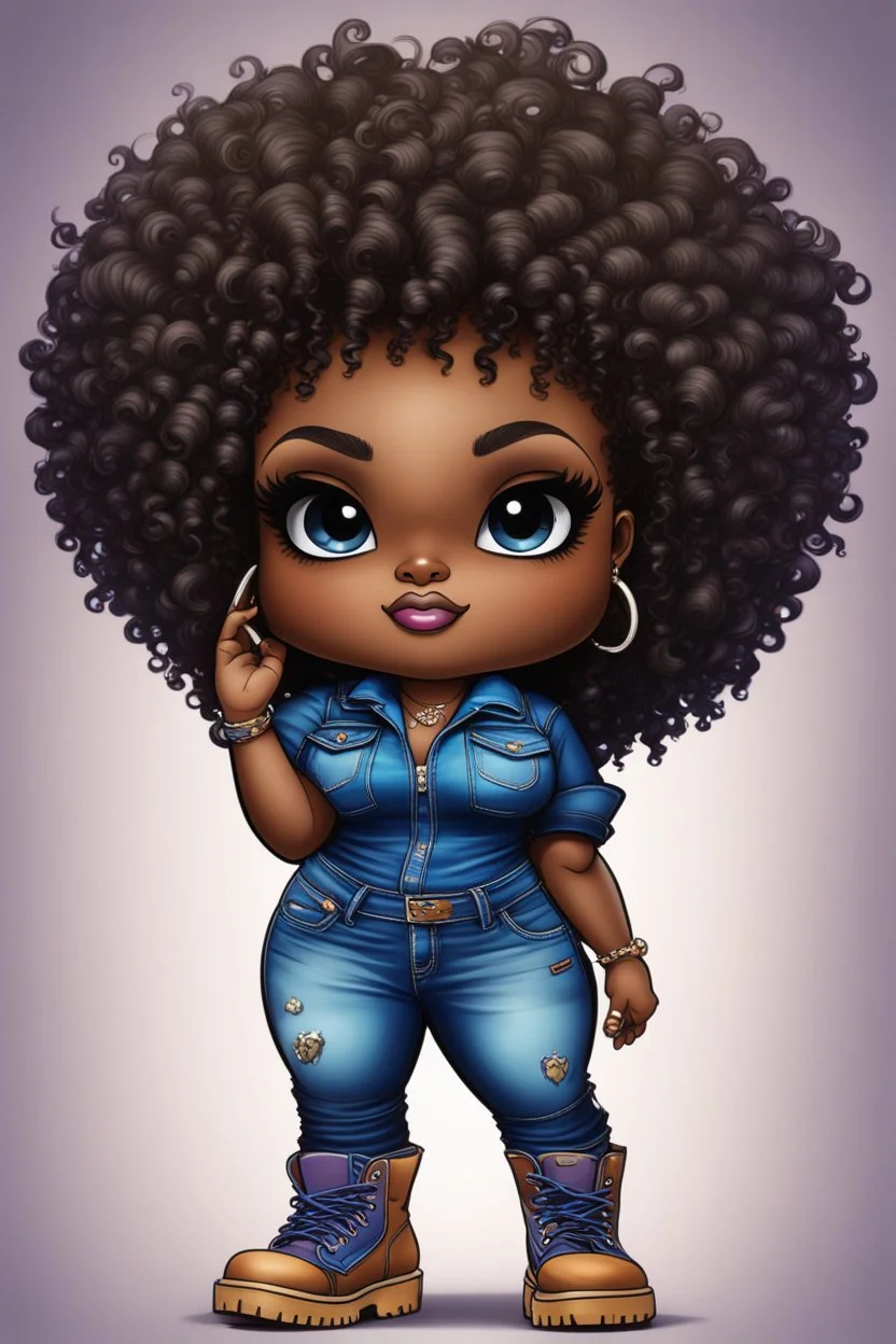 vibrant psychedelic pop punk image, airbrush, 48k, cartoon art image of a plus size chibi dark skinned Black female wearing a sapphire blue jean outfit with timberland boots. Prominent make up with brown eyes and lush lashes. Highly detailed tight curly ombre afro