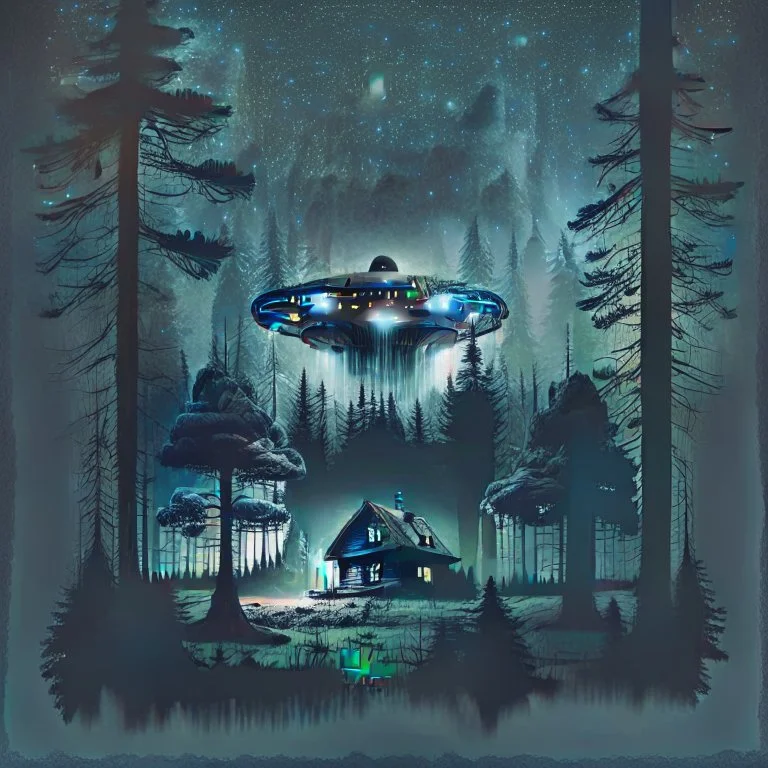 a dark forest with a house in the distance and a ufo in the sky, dark tones