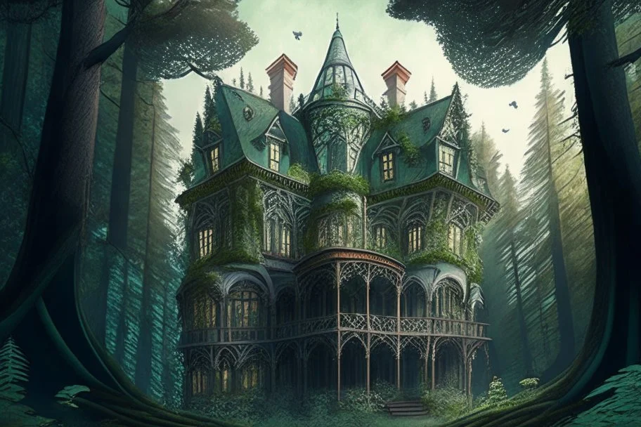 fantasy victorian house surrounded by forest, perspective from below