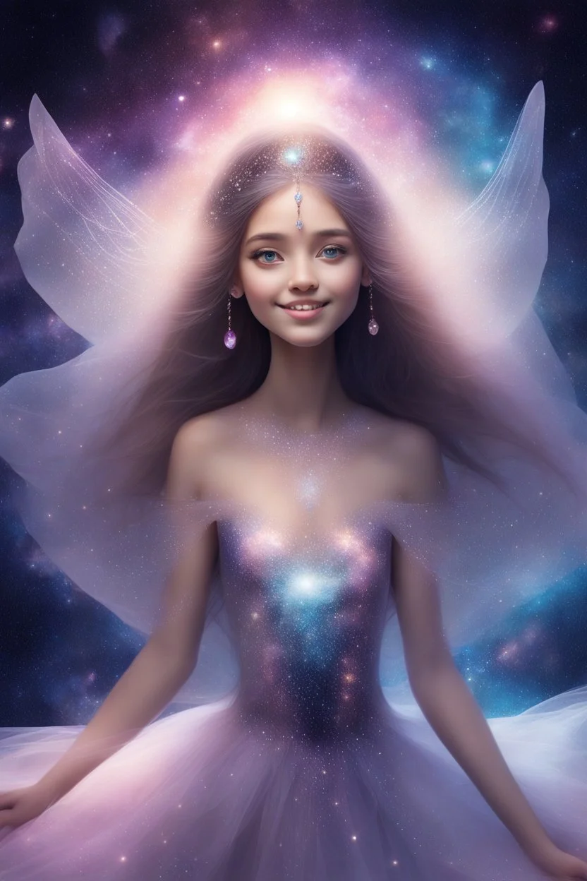 Ragazza cosmica, con capelli lunghi e occhi molto dolci. Ha un viso bellissimo e armonioso. E' vestita come una ballerina cosmica, con veli tulle e piccole pietre preziose. Ha ali di velo traslucide e danza sorridente nella galassia luminosa. L' immagine è luminosa e dona allegria e delicatezza, si vede l'ansia figura intera