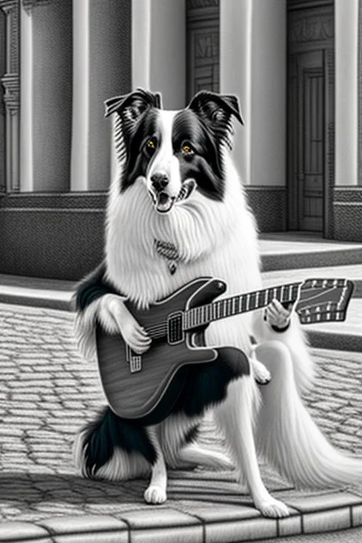 One single mature border collie, friendly, playing guitar in the street , Vienna, opera, sunny day, model style, hyper realistic, extremely accurate, delicate, extremely detailed, Graphic novel style, wide-angle, open aperture, superfine pencil