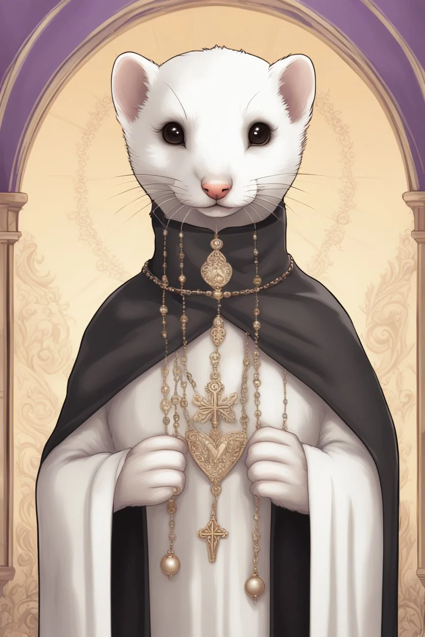 (anthropomorphic white ferret),dressed in ((cleric fantasy)) black clothes with silver holy ornaments, realistic anatomy, posing, cute face, fantasy inspire, bronze and brown color palette church on background, warm sunshine lighty from behind, gloomy atmosphere purple armband, The holy icon style, praying pose, closeв eyes:2.5