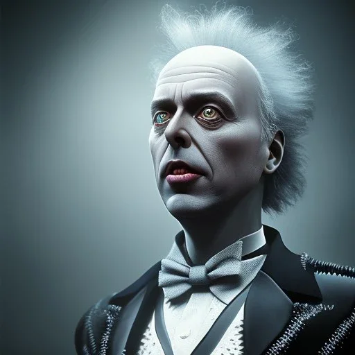 michael keaton as beetlejuice, dramatic, tim burton style, dramatic lighting, volumetric lighting, hyperrealisme, 8k, high quality, photorealistic, lot of details