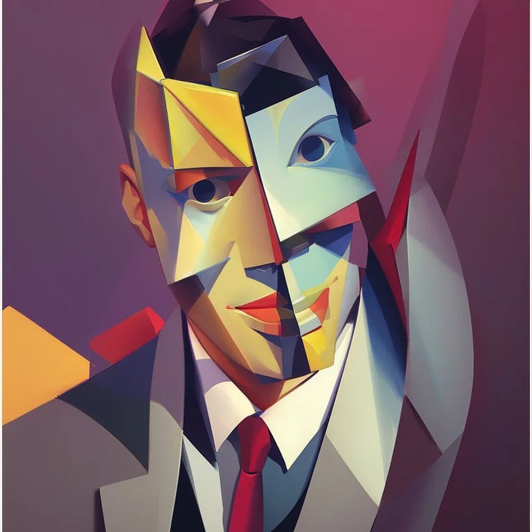 a painting of a man in a suit and tie, a cubist painting by Stanton Macdonald-Wright, Artstation, cubo-futurism, cubism, angular, constructivism