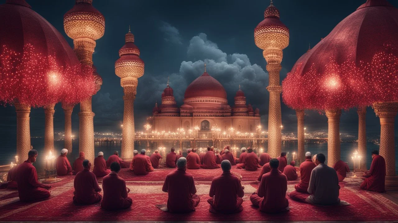 Hyper Realistic Photographic-View of few men praying outside a Huge-Beautifully-Crafted-Maroon-Mosque decorated with garland-lights & lamps between an island with ocean-water-waves & mountains around at feathers-whirling-&-Pigeons-Flying-at-night with dramatic-&-cinematic-ambiance