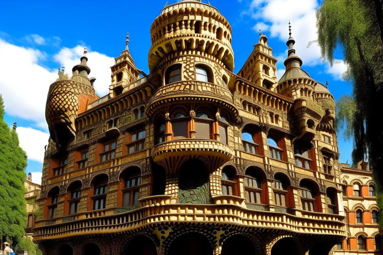 A brown palace designed in African pottery painted by Antoni Gaudi